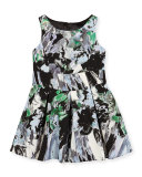 Sleeveless Painted Floral Pleated Dress, Black/Multicolor, Size 8-14