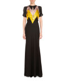 Loretta Short-Sleeve Paillette Gown, Black