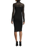 Long-Sleeve Turtleneck Bodycon Dress w/ Sheer Lace Yoke, Black