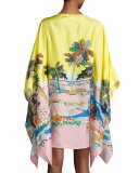 Bermuda Tropical-Print Silk Caftan Coverup, Giallo/Rosa
