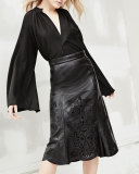 Embroidered Floral Laser-Cut Leather Midi Skirt, Black