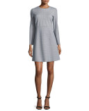 Corinne Bracelet-Sleeve Printed Ponte A-Line Dress, New Ivory/Midnight