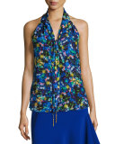 Jewel-Print Satin Chiffon Halter Top, Multi