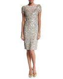 Short-Sleeve Sequined Cocktail Dress, Lunar