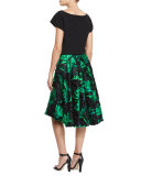 High-Waist Floral Leaf Skirt, Green/Black