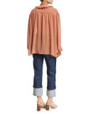 Long-Sleeve Oversized Ruffle-Trim Top, Dusty Pink