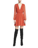 Cary Long-Sleeve Stretch Silk A-Line Dress, Dark Orange