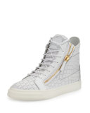 Men's Crocodile-Embossed Leather High-Top Sneaker, White