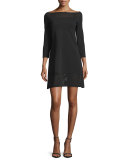 3/4-Sleeve Mesh-Trim Ponte Cocktail Dress, Nero