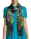 Aquarelle-Print Silk Oblong Scarf, Fantasy