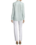 Brody Sheer-Grid Linen Long-Sleeve Blouse