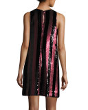 Sleeveless Paillette-Striped Mini Shift Dress, Red/Black