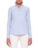 Button-Front Embroidered-Back Blouse, Sky Blue