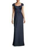 Embellished Cap-Sleeve Satin Gown, Navy