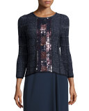 3/4-Sleeve Embellished Pullover Top, Midnight Blue