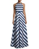 Halter-Neck Striped Two-Tone Gown, Navy/Optice