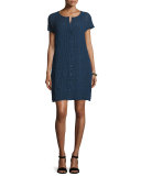 Short-Sleeve Windowpane Shift Dress, Midnight