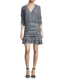 Campbell Ruched Gingham Flounce Dress, Navy