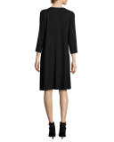 Jersey 3/4-Sleeve Jewel-Neck Dress, Black