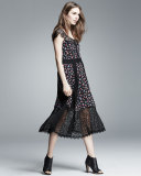 Cap-Sleeve Floral Silk & Lace Midi Dress, Black