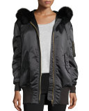 Avonshire Long Satin Bomber Jacket W/ Fur Hood 
