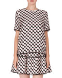 Silk Jacquard Scalloped Check Top, White