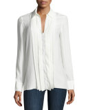 Pleated Split-Neck Silk Blouse, Blanc