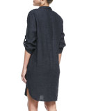 3/4-Sleeve Organic Linen Henley Dress, Denim 