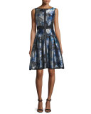Sleeveless Floral Zip-Front Fit-and-Flare Dress, Multicolor