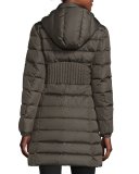 Orophin Long Puffer Coat w/Leather Trim, Olive