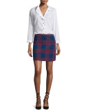 Morro Embroidered-Plaid Mini Skirt, Blue