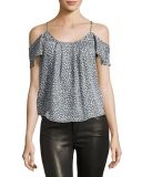 Adorlee Cold-Shoulder Heart-Print Silk Blouse, Granite/Porcelain
