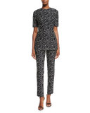 Caroline Jacquard Straight-Leg Pants, Black/Ivory