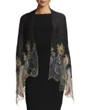 Shaded Lace-Trim Plisse Shawl, Black/Gold