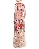 Floral Embroidered Long-Sleeve Gown, Pink/Multicolor