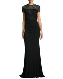 Short-Sleeve Beaded Bodice Gown 