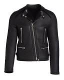 Asymmetrical-Zip Leather Jacket W/Fur Trim, Black