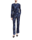Davidson Long-Sleeve Floral Silk Blouse, Royal/Black
