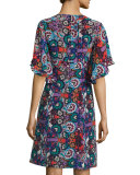 Flutter-Sleeve Floral-Print Silk Dress, Red/Multi