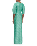 3/4-Sleeve Shimmery Column Gown, Green