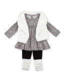 Faux-Fur Vest, Animal-Print Swing Dress & Stretch Leggings, Ivory, Size 12-24 Months