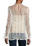 Rikki Long-Sleeve Beaded Crochet Blouse, White