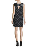 Phoebe V-Neck Windowpane Shift Dress, Black/White