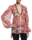 Kiku Floral-Print Long-Sleeve Caftan, Off White