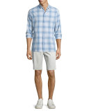 Plaid Linen-Blend Long-Sleeve Sport Shirt, White/Light Blue