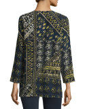 Adeline Bracelet-Sleeve Printed Silk Blouse, Galaxy Blue Multi