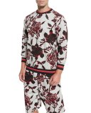 Floral-Print Crewneck Sweatshirt with Striped Trim, Gray