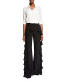 Saphir Ruffle Wide-Leg Pants, Black