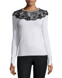 Long-Sleeve Lace-Collar Knit Sweater, Black/White