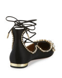 Christy Crystal Lace-Up Pointed-Toe Flat, Black